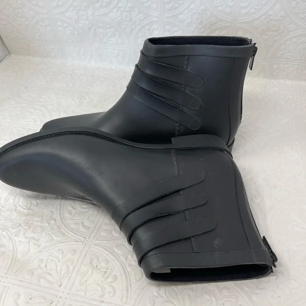 Loeffler Randall Fenton Rain Booties in black with gold-tone buckles Sz 11